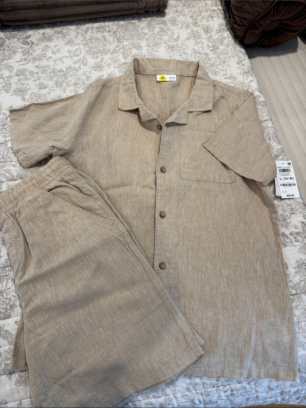 Epic Threads Beige/Tan Kids Two-Piece Linen-Look Shirt & Shorts Set